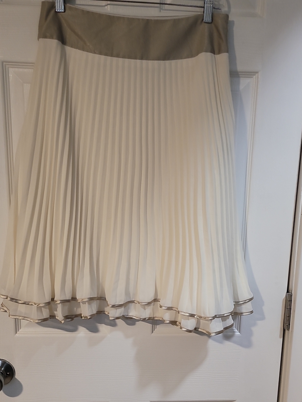 Cream Pleated Skirt with Taupe Satin Trim